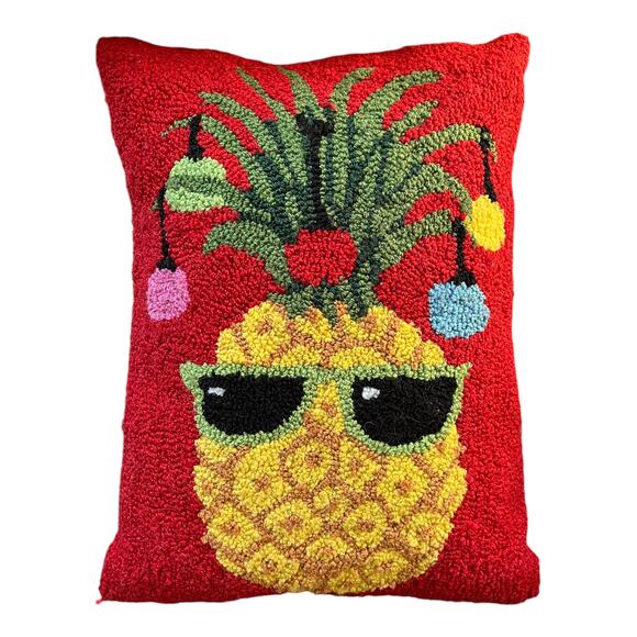 Christmas Hooked Wool Pillow Pineapple Sunglasses Multicolor Ornaments  13"x18" - Picture 1 of 4